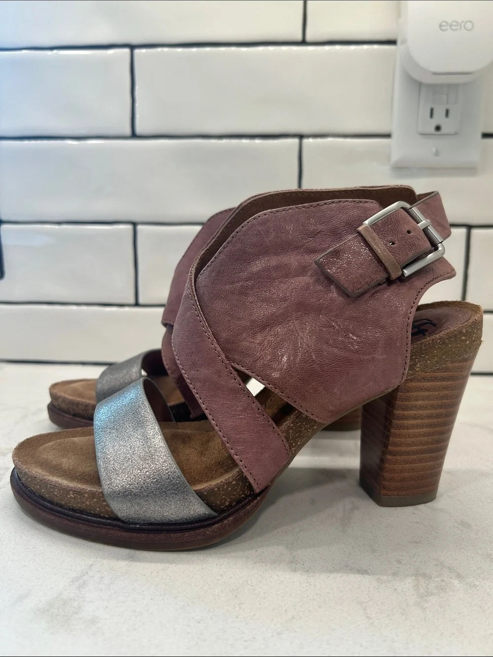 Sofft Christine Women 6 Leather Slingback Heel Platform Sandals Gray